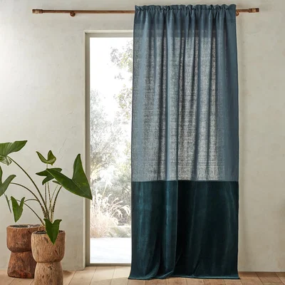 La Redoute Aasta Dual Fabric Single Curtain Panel in Linen/Velvet