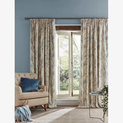 Downtown Laura Ashley Pussy Willow Off White Seaspray Pencil Pleat Curtains - 88x90, Cotton, Print - Beige/Grey