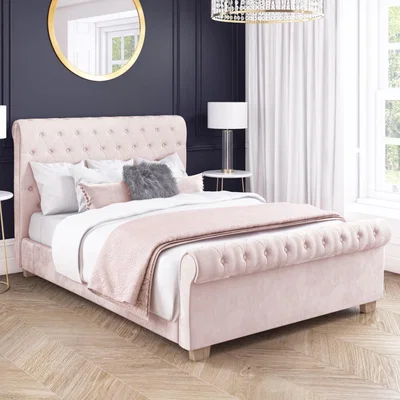 Furniture123 Safina Blush Pink Velvet Double Sleigh Bed with Chesterfield Roll-Top Headboard