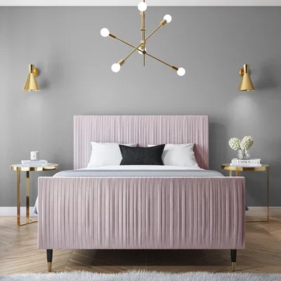 Furniture123 Blush Pink Pleated Velvet Double Bed Frame with Wooden Legs - Jasmine