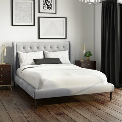 Furniture123 Light Grey Velvet Double Bed Frame with Wooden Legs and Chesterfield Headboard - Amara