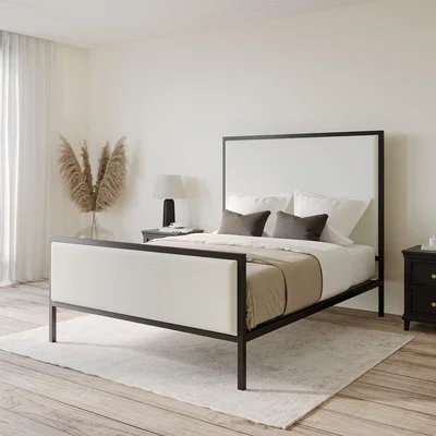 Furniture123 Beige Upholstered Double Bed with Black Metal Frame - Alexandra