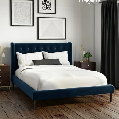 Furniture123 Navy Velvet Small Double Bed Frame with Winged Headboard - Amara