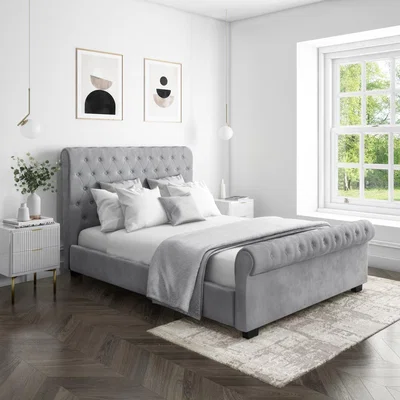 Furniture123 Safina Roll Top Double Sleigh Bed in Grey Velvet