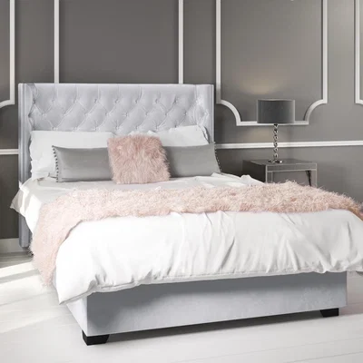 Furniture123 Light Grey Velvet Double Ottoman Bed with Curved Headboard - Milania