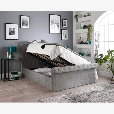 The Range Aspire Chesterfield Ottoman Double Bed Grey - Light Grey Brushed Velvet Fabric