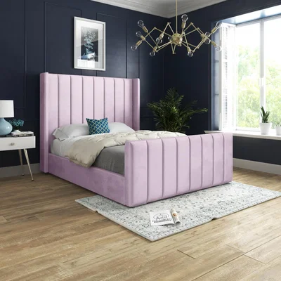 The Range Romano Straight Winged Upholstered Soft Velvet Bed Frame - Pink / Double