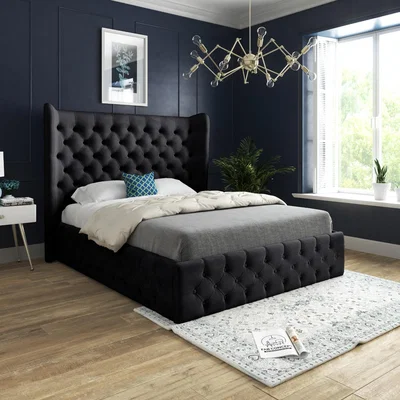 The Range Florence Wide Winged Upholstered Soft Velvet Bed Frame - Black / Double