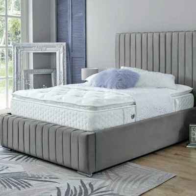 The Range Savoy Panel Line Design Upholstered Soft Velvet Bed   - Grey / Double