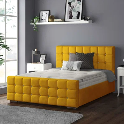 The Range Cube Chesterfield Plush Velvet Bed Frame with Diamonds - Turmeric / Double