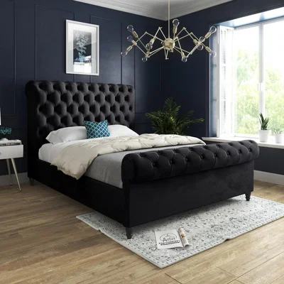 The Range Sienna Sleigh Upholstered Soft Velvet Bed Frame - Black / Double