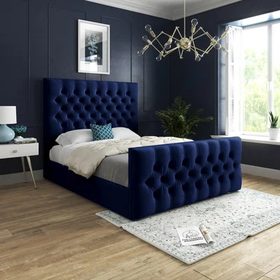 The Range Novara Upholstered Soft Velvet Bed Frame - Blue / Double