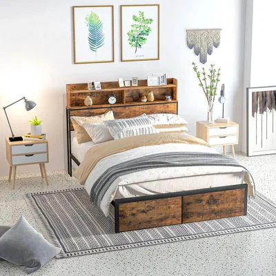 The Range Steel Bed Frame with Storage Headboard - Rustic Brown, Black / Double