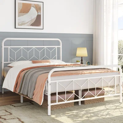 The Range Metal Bed Frame with Diamond Pattern Headboard and Footboard - White / Double