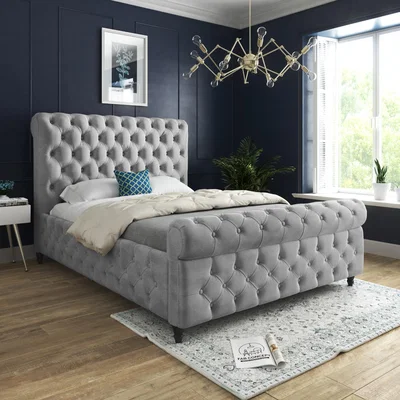 The Range Savana Sleigh Upholstered Soft Velvet Bed Frame - Grey / Double