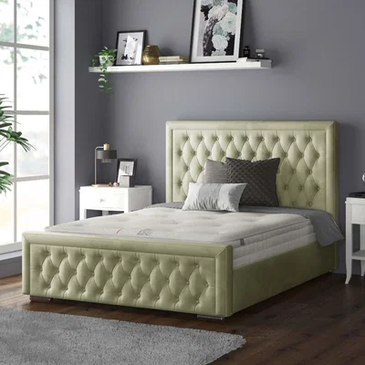The Range Sandringham Bordered Chesterfield Plush Velvet Bed Frame with Diamonds - Light Green / Double