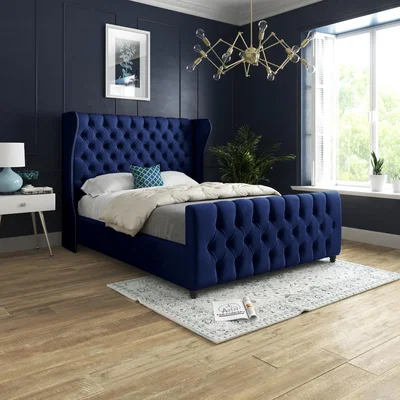 The Range Donati Straight Curved Top Upholstered Soft Velvet Bed Frame - Blue / Double