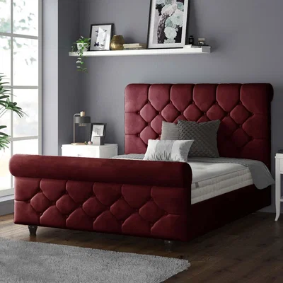 The Range Jasmine Velvet Chesterfield Sleigh Plush Velvet Bed Frame - Burgundy / Double
