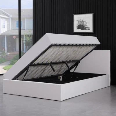 The Range Ottoman Side Lift-Up Leather Storage Bed Frame - White / Double