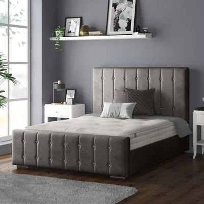 The Range Anastasia Striped Plush Velvet Bed Frame with Diamonds - Grey / Double