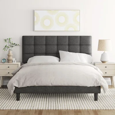 The Range Upholstered Bed Frame with Square Tufted Headboard - Dark Grey / Double