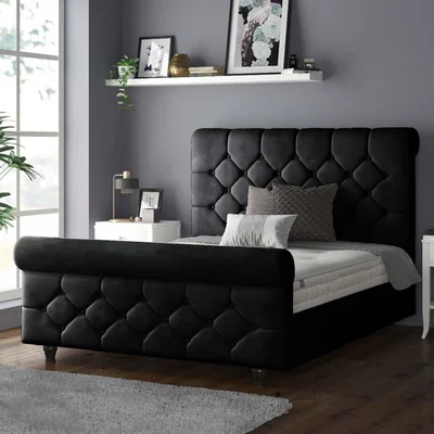 The Range Jasmine Velvet Chesterfield Sleigh Plush Velvet Bed Frame - Black / Double