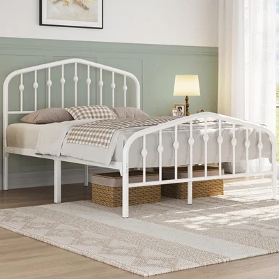 The Range Metal Platform Bed Frame with Arched Headboard and Footboard - White / Double