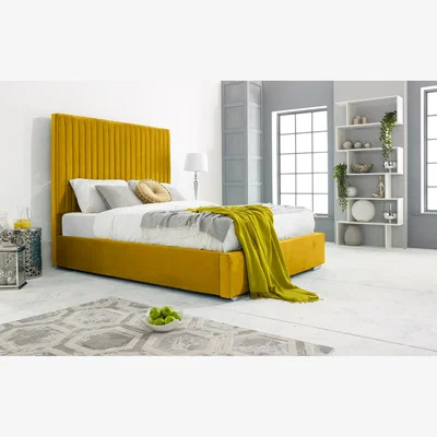 The Range Merki Plush 4 inch solid thick Bed Frame with Lined Headboard - Mustard Gold / Single
