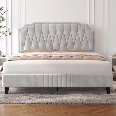 The Range Upholstered Bed Frame with Button-Tufted Headboard - Beige / Double