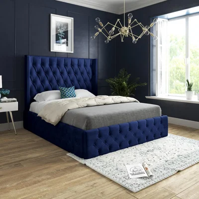 The Range Turin Straight Winged Upholstered Soft Velvet Bed Frame - Blue / Double