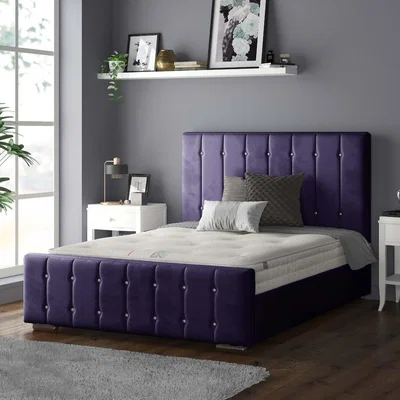 The Range Anastasia Striped Plush Velvet Bed Frame with Diamonds - Plum / Double