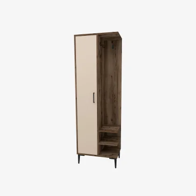 The Range Hall Stand Coat Rack with Cabinet and Shelves Leena - Light Walnut & Beige