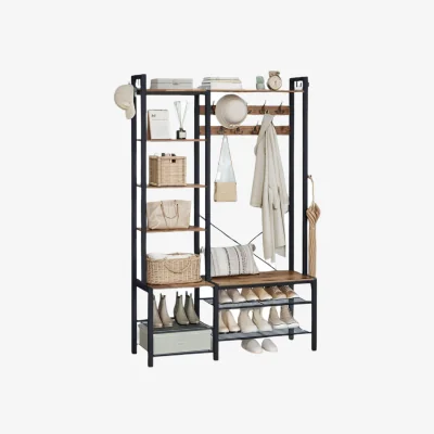 The Range Coat Rack Stand with Shoe Storage and Shelves - Rustic Brown