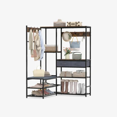 The Range 152 cm L Shaped Corner Coat Rack with Shoe Bench - Brown