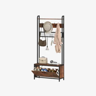 The Range Industrial Entryway Hall Tree Coat Rack Stand With Shoe Storage and 10 Hooks - Rustic Brown