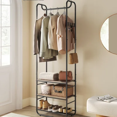 The Range Coat Stand, Hall Tree, Coat Rack with Shoe Rack, Storage Shelves - Ink Black and Camel Brown