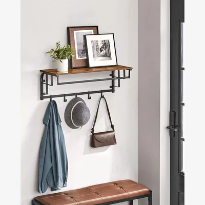 The Range Wall-Mounted Coat Rack with Shelf and Hooks, Rustic Industrial Entryway Storage - Rustic Brown and Black