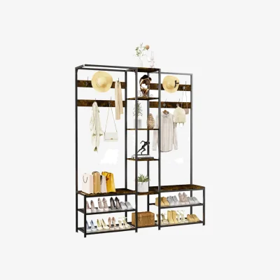 The Range Adjustable Industrial Hall Tree Coat Rack Stand with Shoe Storage Shelves - Rustic Brown