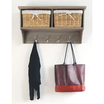 The Range Tetbury Wall-Mounted Coat Rack with Storage Baskets - Brushed Acacia / 2
