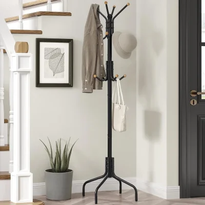The Range Freestanding Metal Coat Rack with 12 Hooks and 4 Legs, Organiser for Hallway or Office, Black - Black
