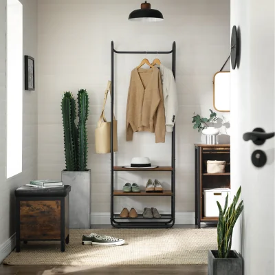 The Range Coat Rack Hall Tree with Shoe Rack Storage Shelves - RusticBrown,Black / Brown