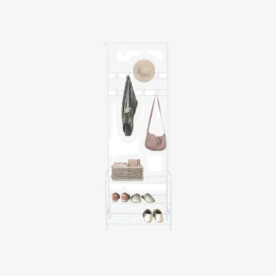The Range Coat Rack Stand with Shoe Rack and 16 Removable Hooks - White