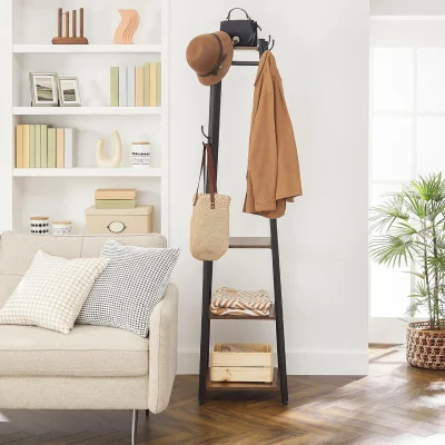 The Range Freestanding Corner Coat Rack with 3 Shelves and 8 Hooks, Space-Saving Hall Stand - Rustic Brown and Black