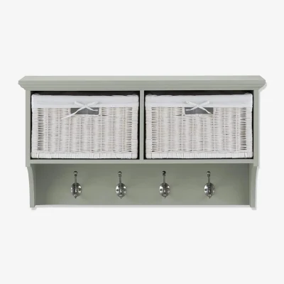 The Range Tetbury Wall Mounted Coat Rack with 2 White Baskets - Sage Green