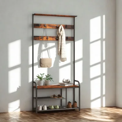The Range Coat Rack Stand with Shoe Storage and Adjustable Hooks - Rustic Brown