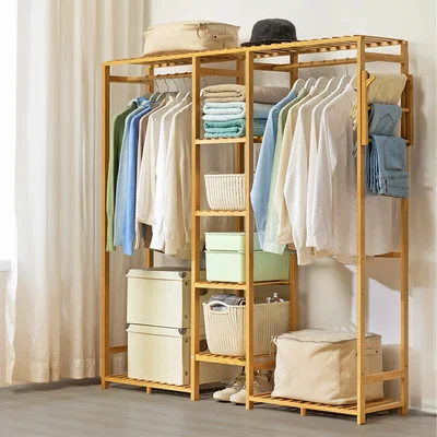 The Range Wooden Coat Rack with Side Hooks and Multiple Shelves - Natural