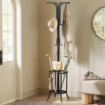 The Range Tall Metal Coat Stand with Umbrella Holder Base and Multi Hook Storage Design - Ink Black