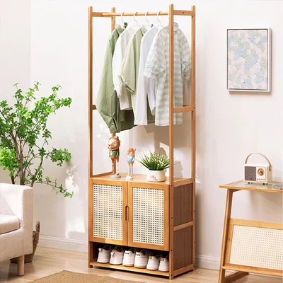 The Range Wooden Coat Rack with Cabinet and Mesh Doors - Natural
