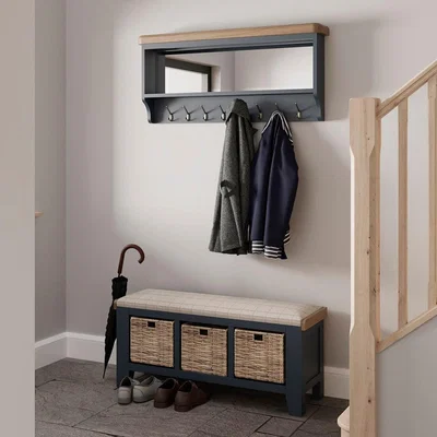 Chiltern Oak Furniture Wessex Smoked Oak Blue Painted Hall Bench with Wicker Baskets