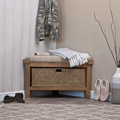 Chiltern Oak Furniture Wessex Smoked Oak Corner Hall Bench with Wicker Basket